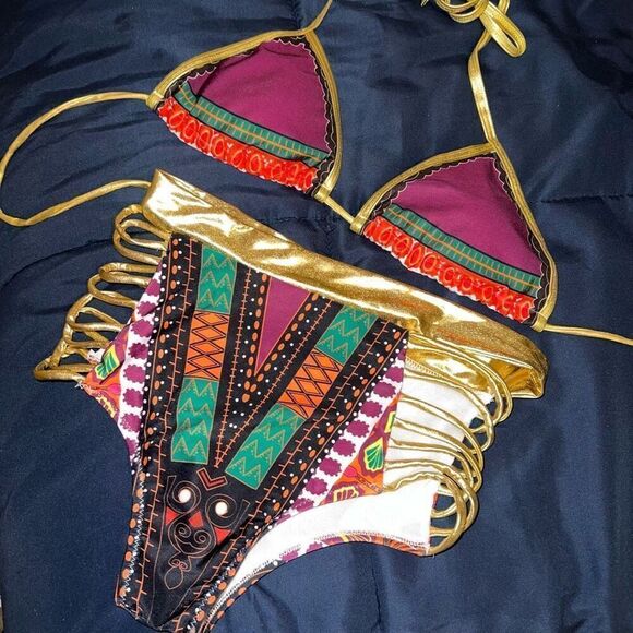 Bikini gold foil African pattern criss cross thigh high waisted booty shorts swi - Picture 1 of 3